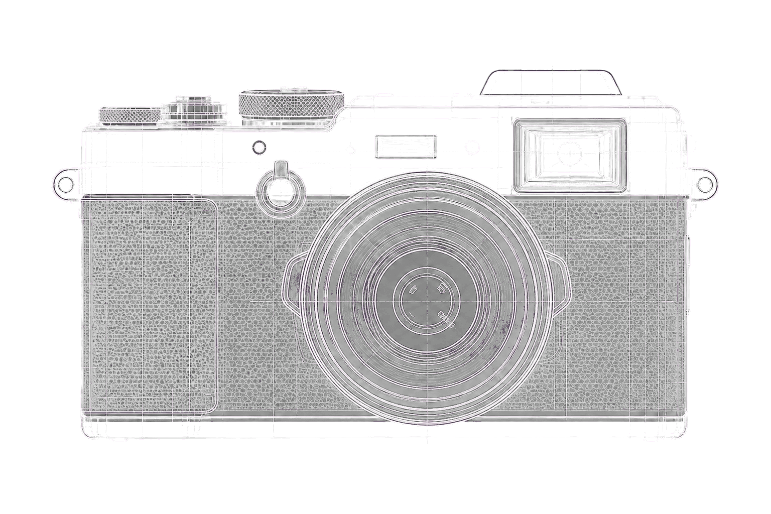 Technical line illustration of a Fujifilm-style camera connecting Recipes, Review and Studio