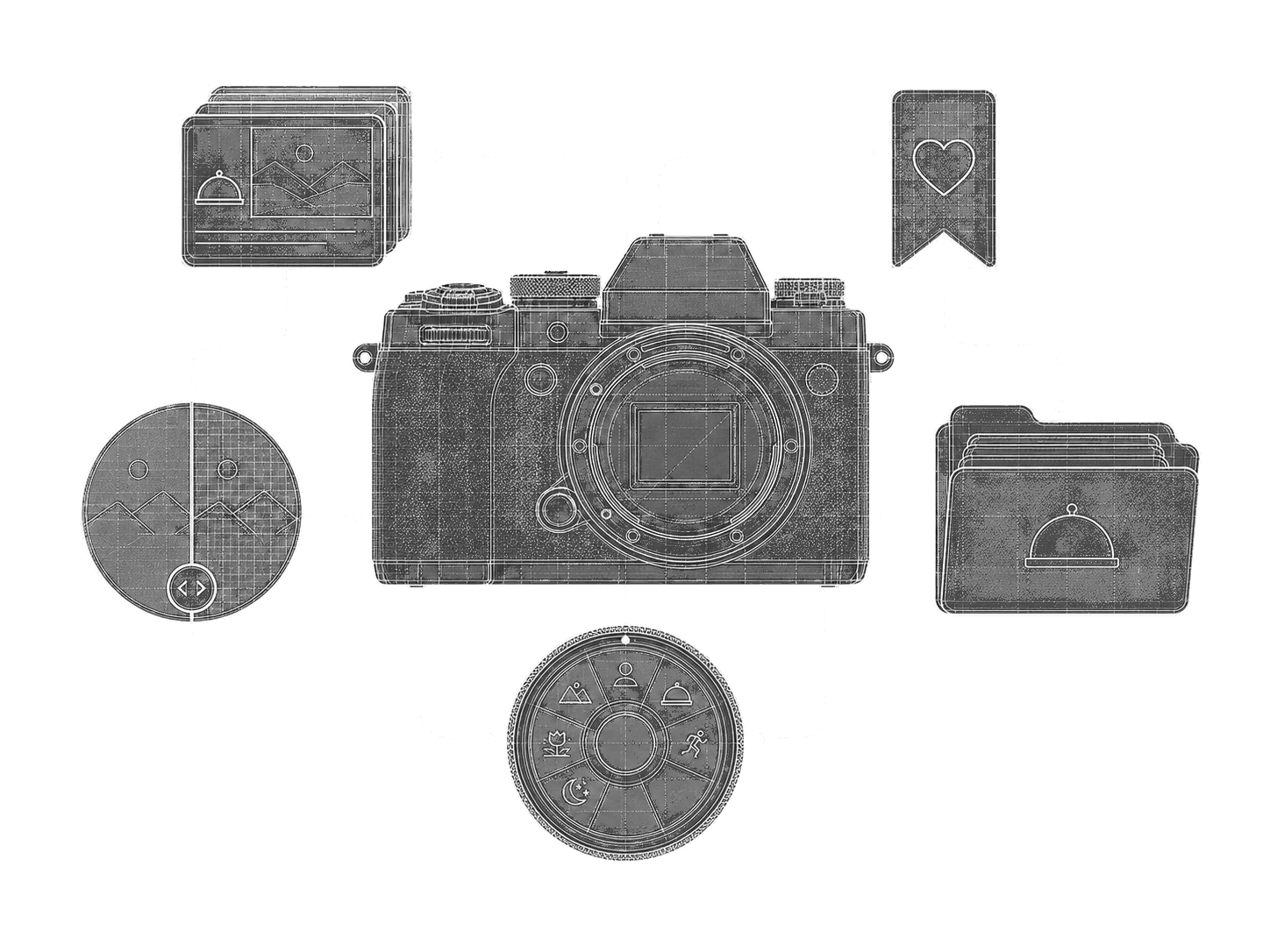 Technical illustration of a Fujifilm camera connected to recipes, favorites, comparison and collections