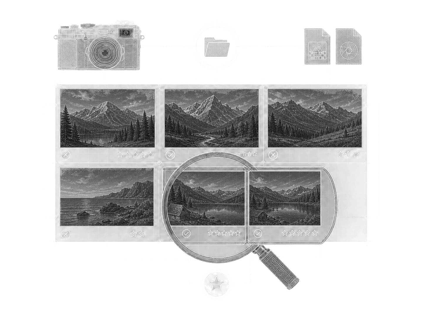 Technical illustration of a local Fujifilm contact sheet with comparison, picks and ratings