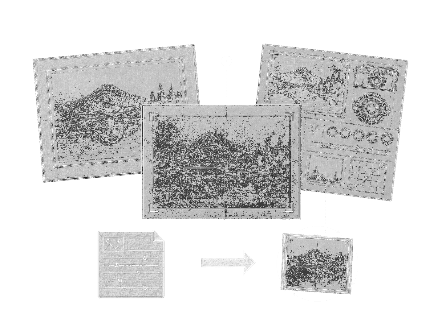Technical illustration of a photograph becoming a Frame, Metaframe and Fujifilm Recipe Card