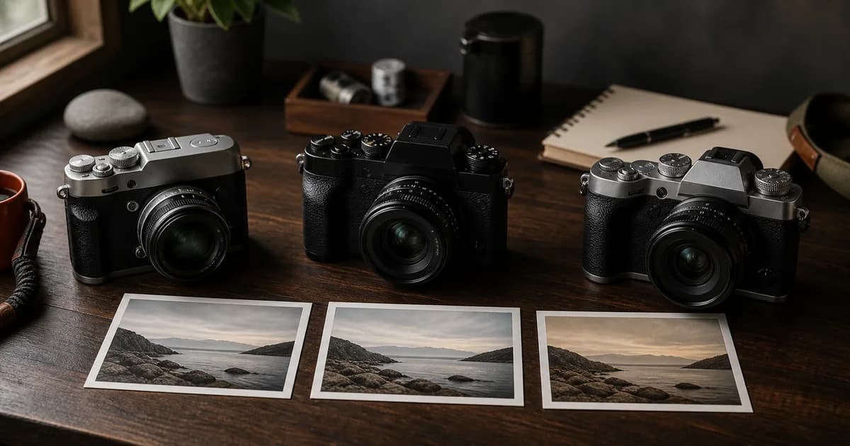 Three unbranded mirrorless cameras with prints showing subtle variations of the same landscape