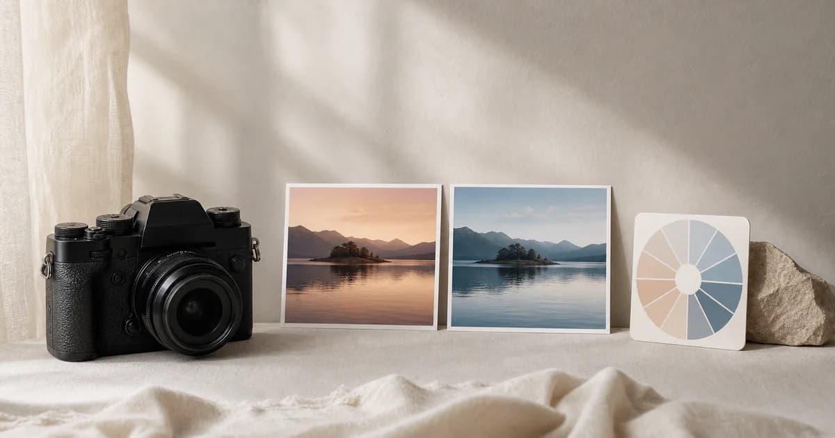 Fujifilm-style camera beside warm and cool landscape prints illustrating white balance shift