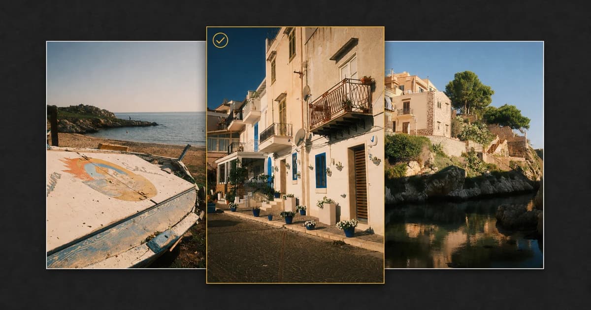Three Fujifilm travel photographs arranged as a contact sheet with one selected frame