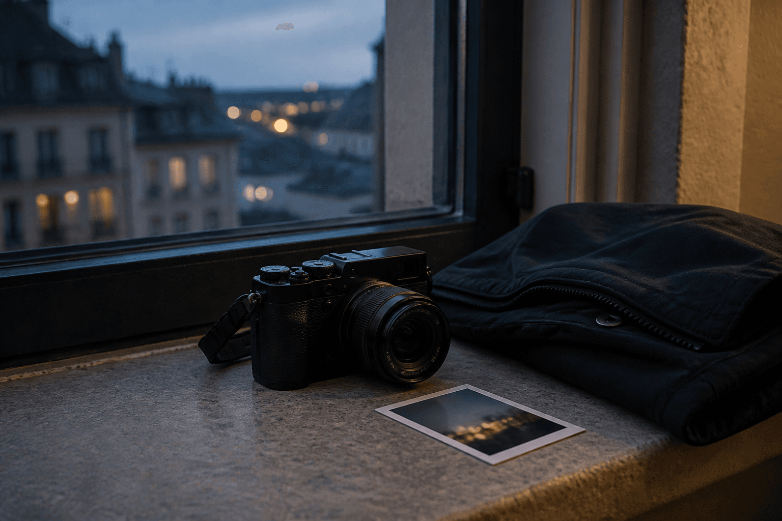 Camera prepared on a windowsill at blue hour beside a dark jacket
