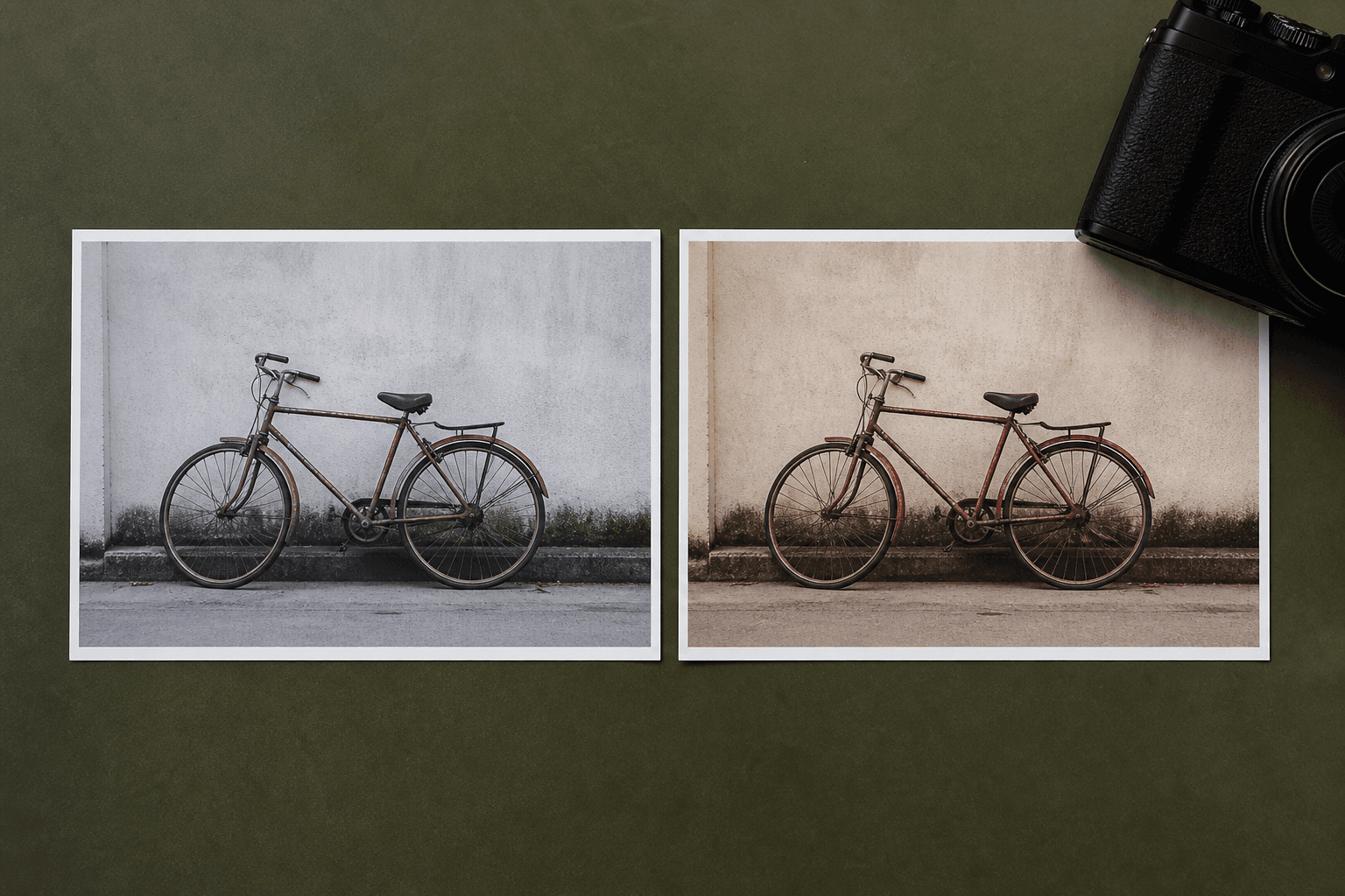 Two subtle colour versions of the same bicycle photograph beside a camera