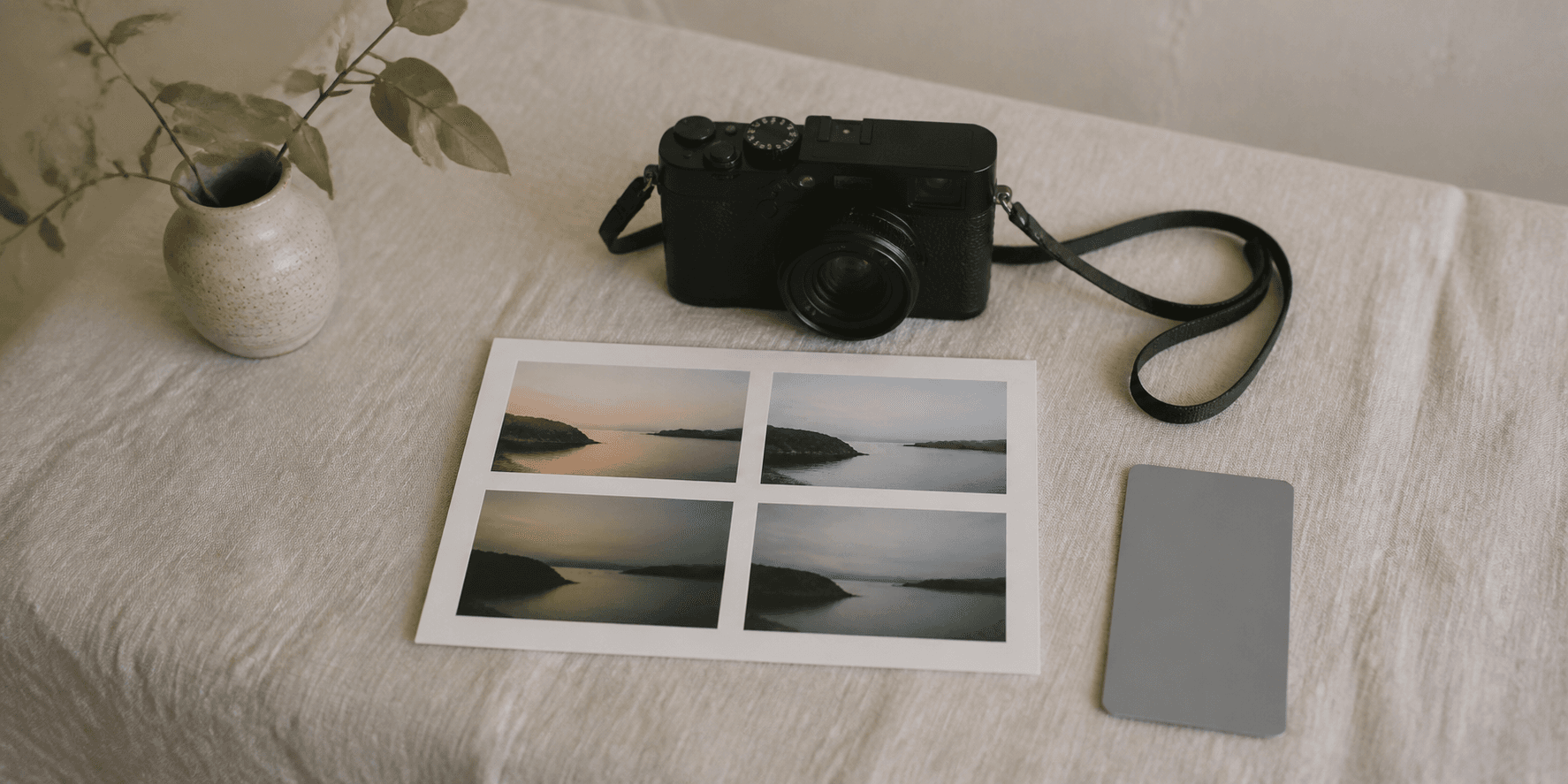 Camera beside a four-print comparison sheet of one quiet coastal scene