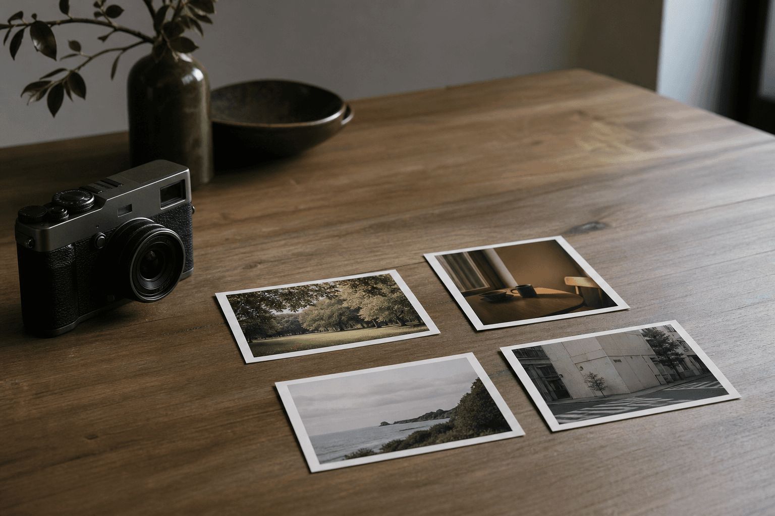 Camera beside four separate prints showing quiet scenes with varied colour moods