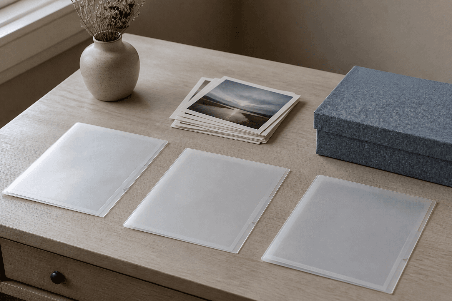 Three translucent archival photo sleeves, a print stack and a storage box on a pale desk