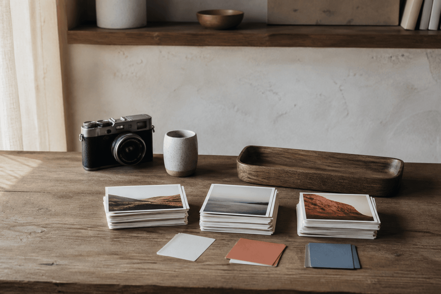 Small stacks of photo prints, colour swatches and a compact camera on a wood desk