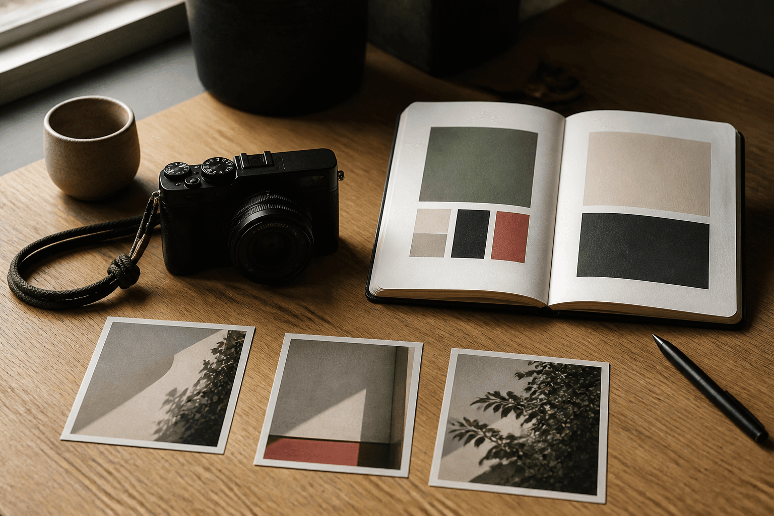 Camera, colour study notebook and three cohesive photo prints on a warm wood table