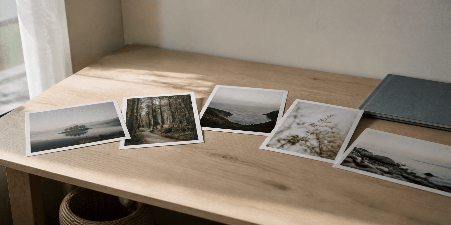 Five photograph prints arranged as a small finished edit on a pale wood table