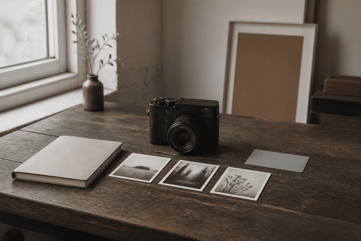 Unbranded camera, three test prints and a notebook on a dark wood table