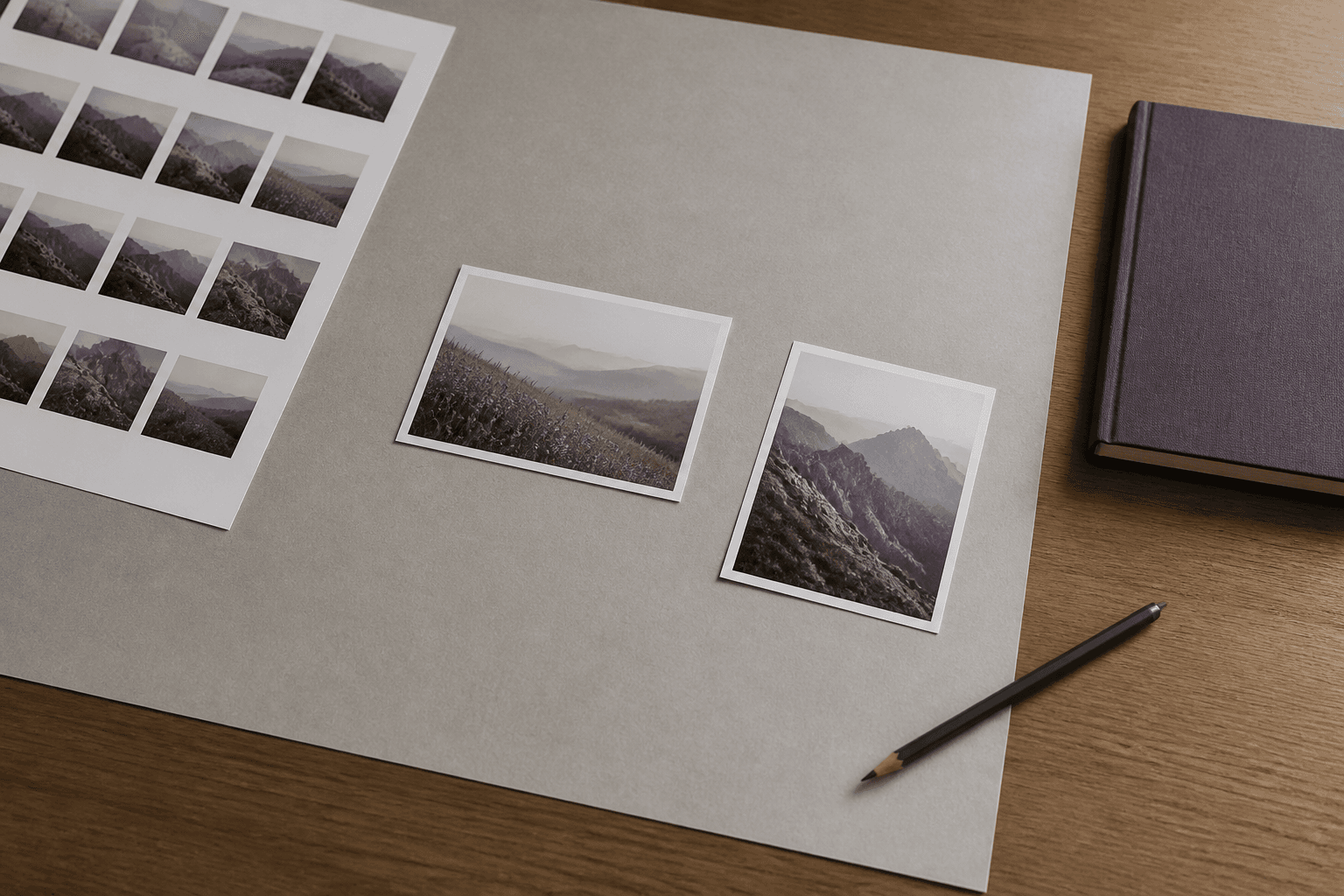 Contact sheet and two selected landscape prints on a calm editing table