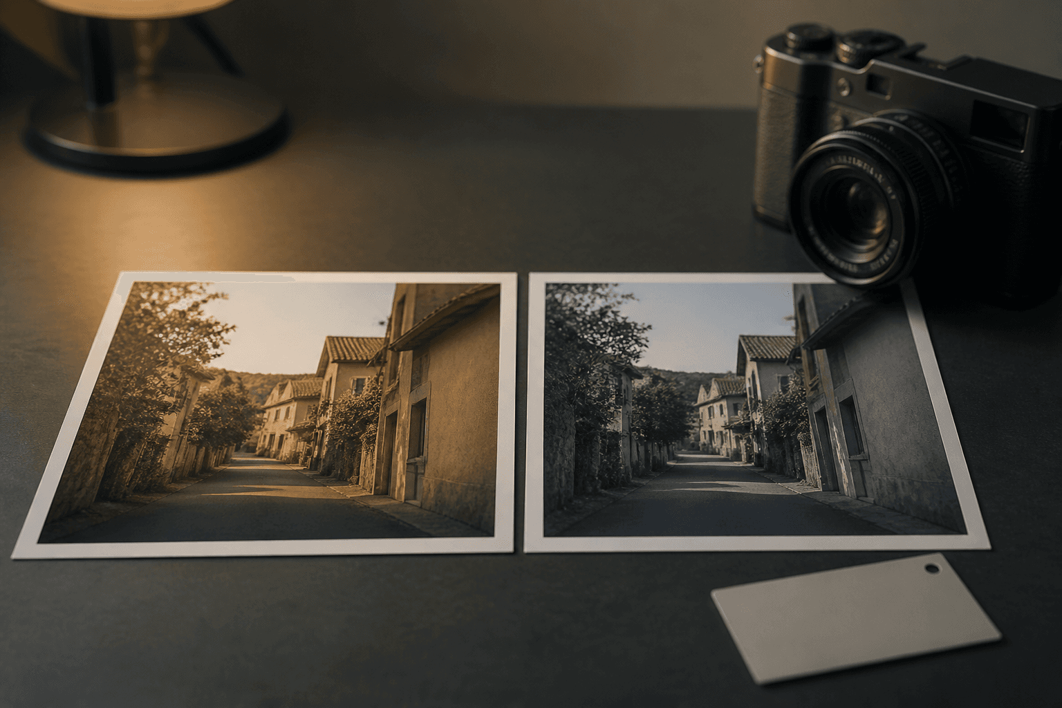Two versions of the same street photograph beside an unbranded camera