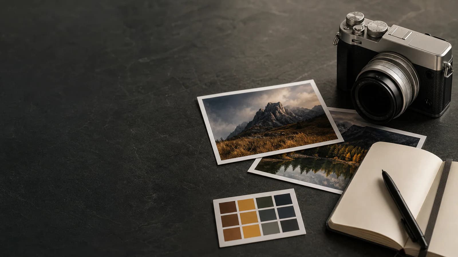 Camera, colour swatch and photographic prints on a dark desk