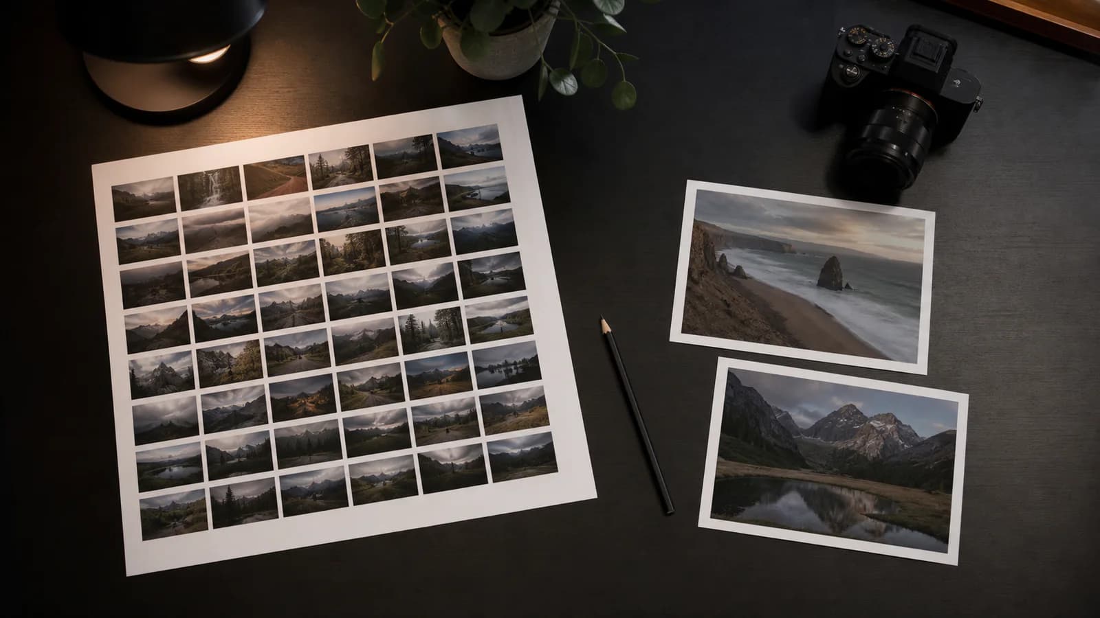 Contact sheet and selected photo prints on an editing desk