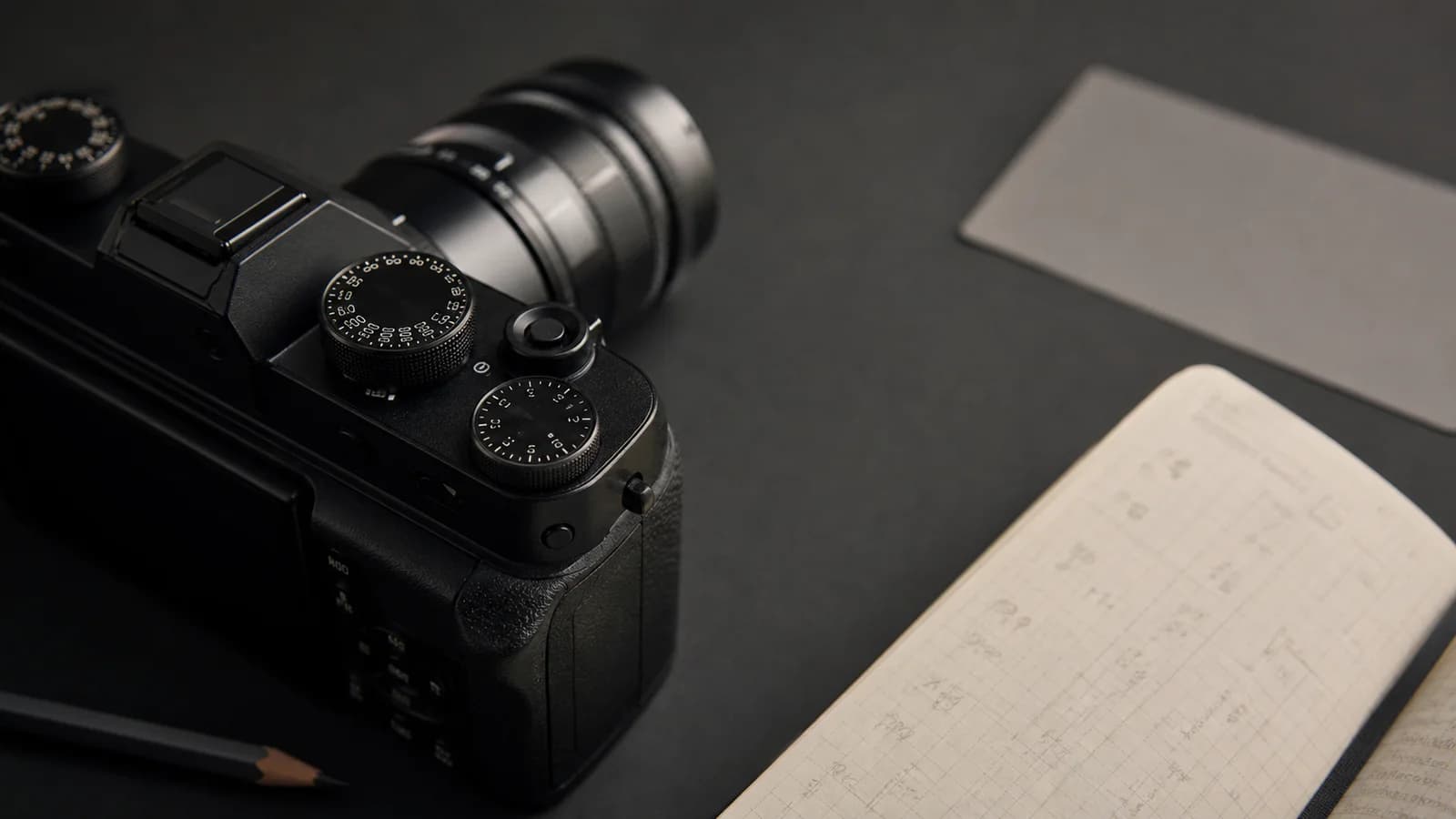 Camera exposure dials and notebook on a dark desk