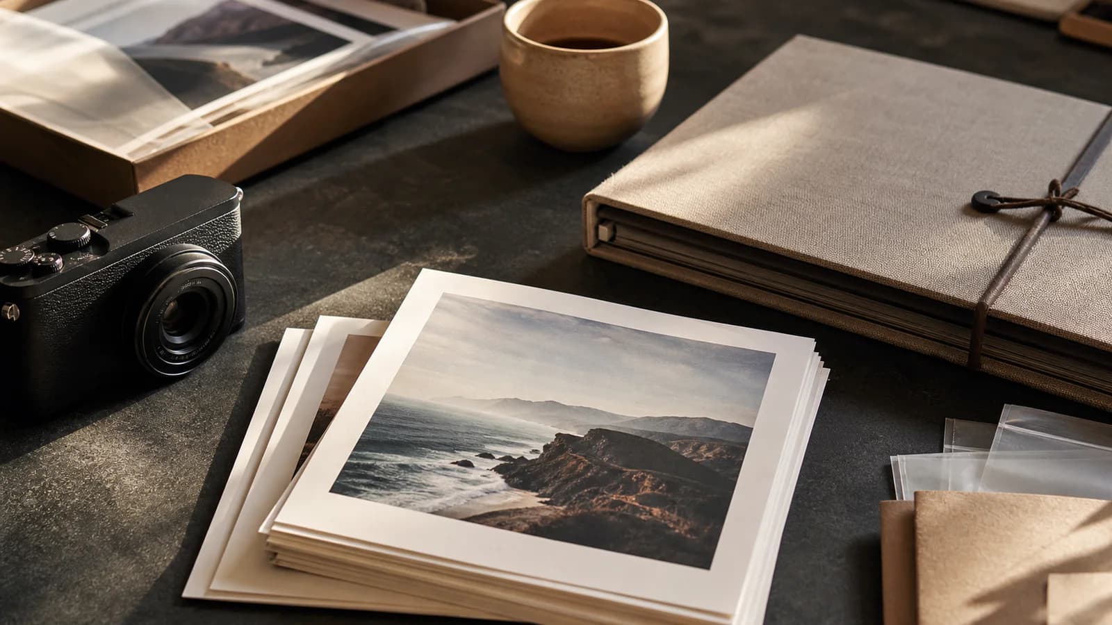 Finished photographic prints, camera and portfolio book