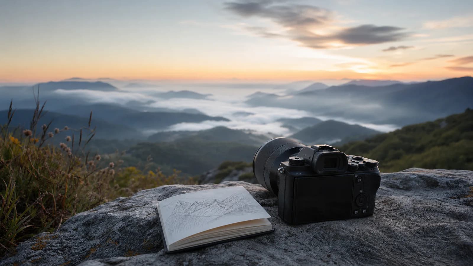 Camera overlooking a misty mountain valley at dawn