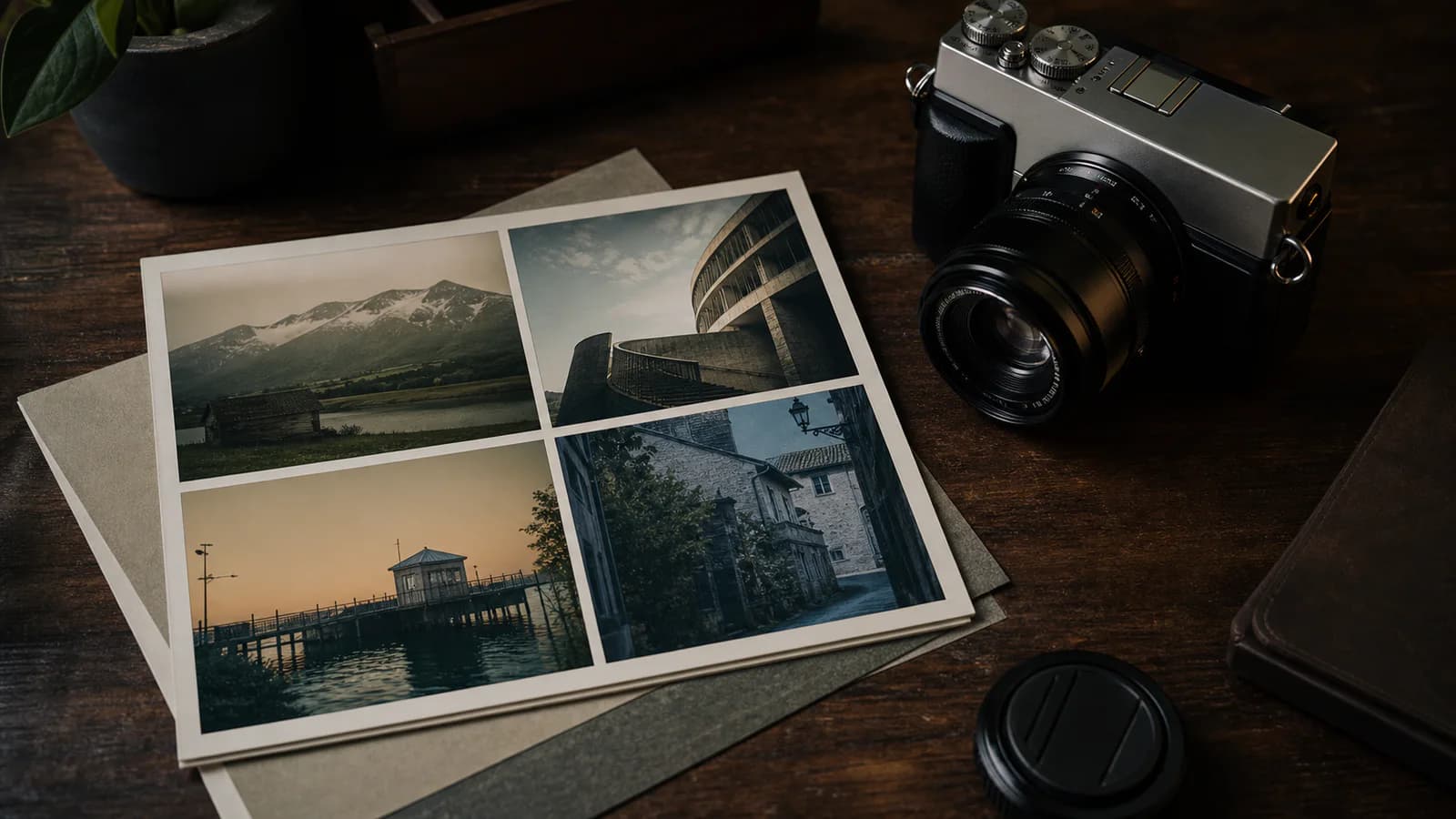 Contact sheet and camera on a wooden desk