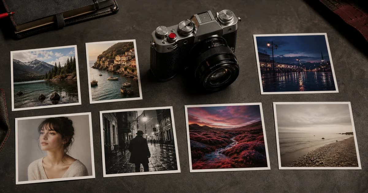 Fujifilm-style camera with seven photo prints representing a balanced C1 to C7 custom settings setup