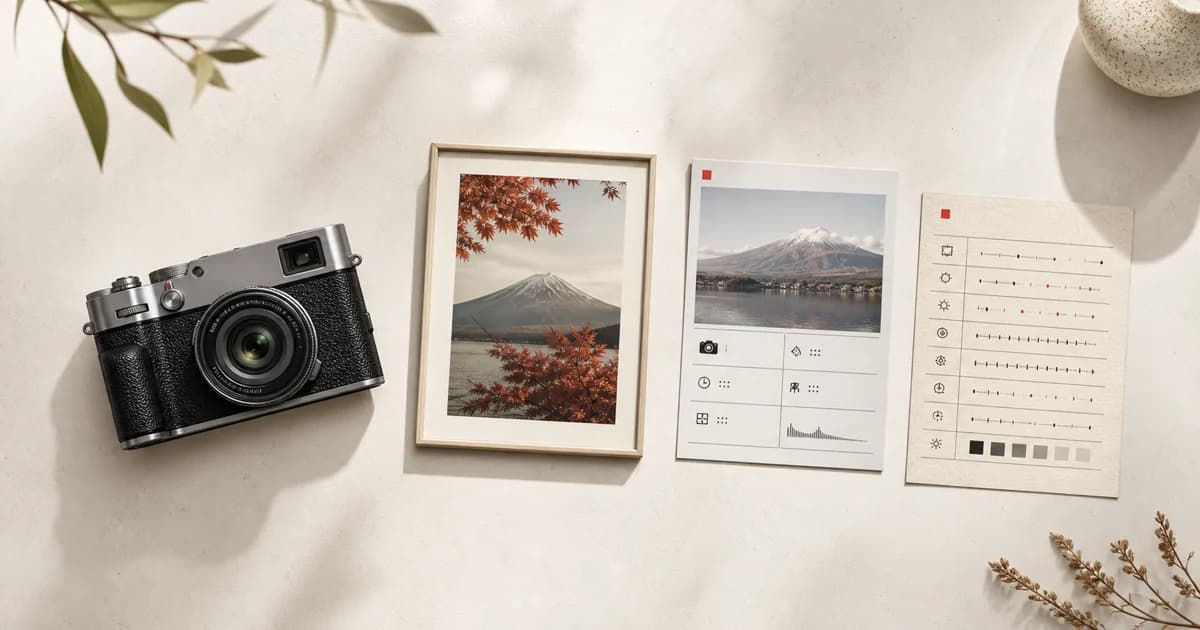 Fujifilm-style camera beside a framed photo, an EXIF metaframe, and a recipe settings card