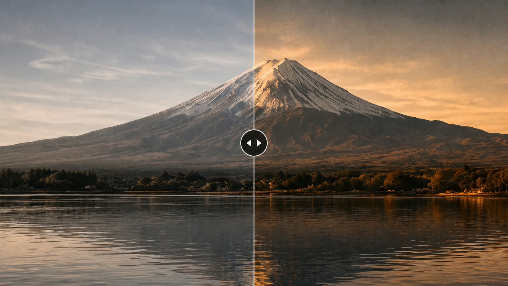 Fujifilm recipe comparison of Mount Fuji reflected in a calm lake