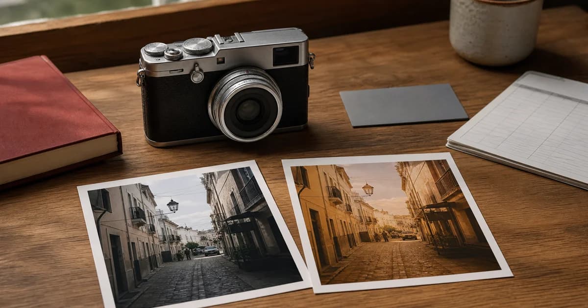 Fujifilm-style camera beside neutral and overly warm versions of the same street photograph