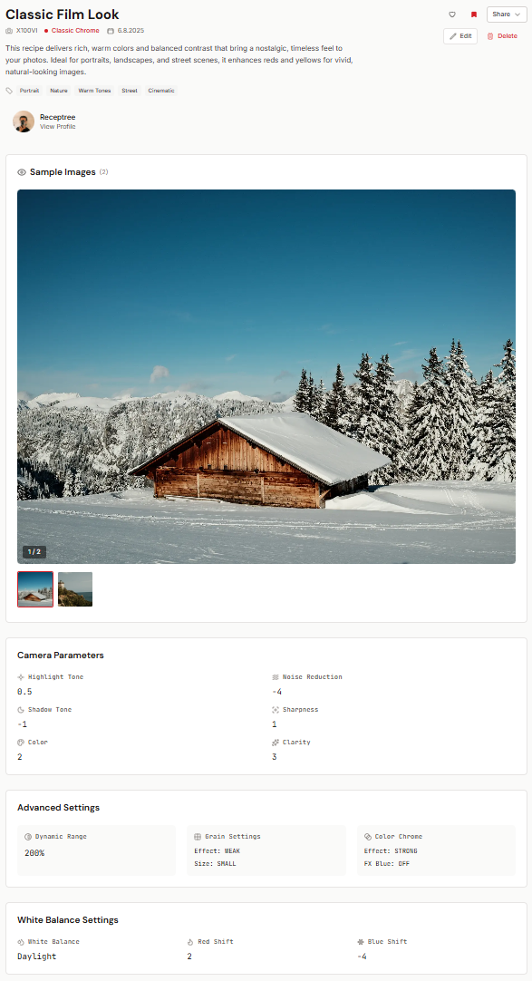 Recipe Lab interface showing film simulation creation with live preview, parameter controls, and recipe management