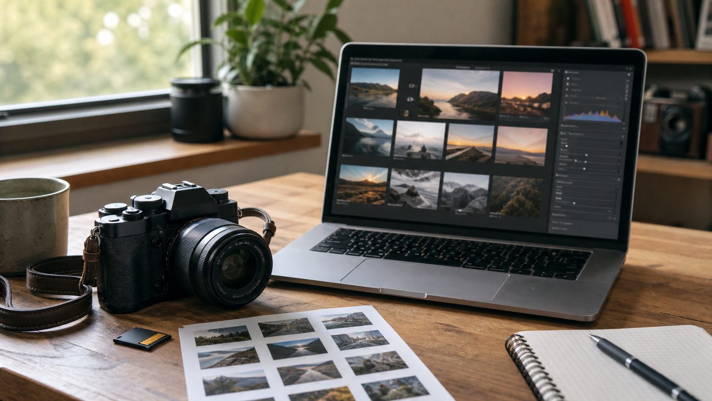 Fujifilm-style camera beside a laptop showing a photo library and metadata panel