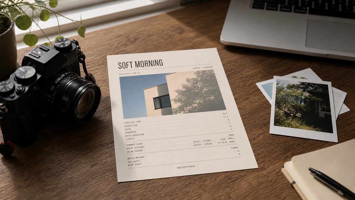 Printed Fujifilm recipe card beside a camera and photo prints