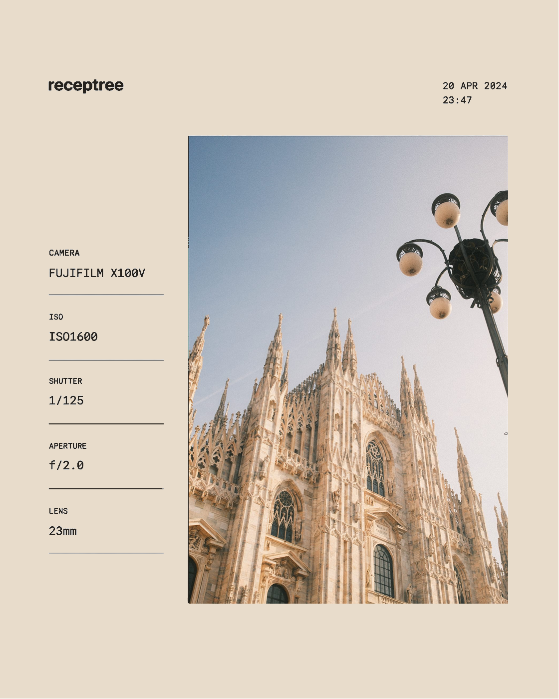 Linen EXIF Metaframe mock preview with Fujifilm camera metadata in Receptree Studio