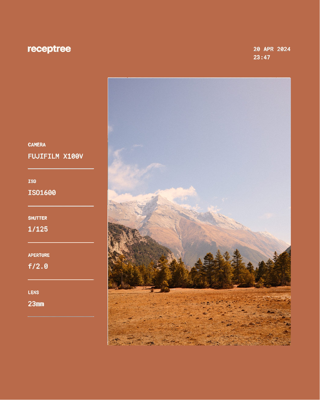 Terracotta EXIF Metaframe mock preview with Fujifilm camera metadata in Receptree Studio