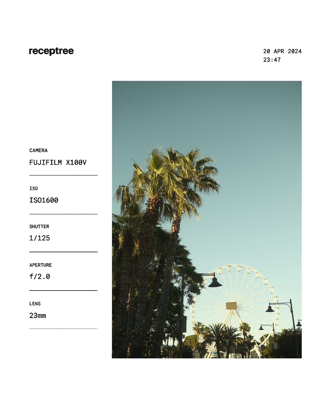White EXIF metaframe template preview with camera metadata